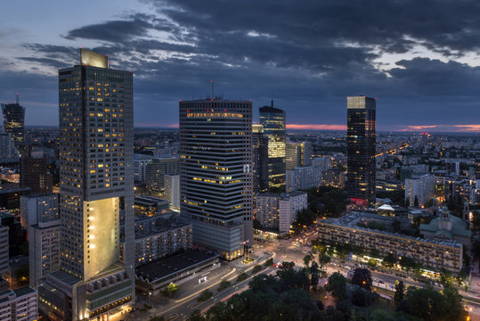 Aerial view of  Warsaw  Financial Center at night
