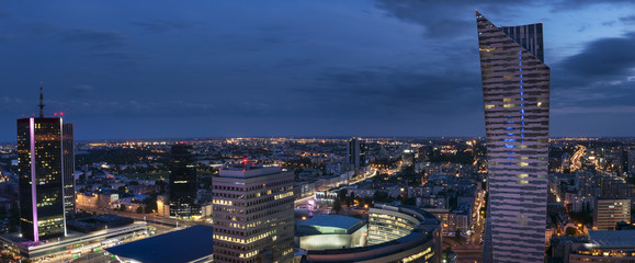 Panorama of Warsaw downtown during the night