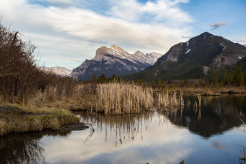 Sunset at Vermilion Lakes, Banff, Alberta, Canada. Taken during a cloudy evening.