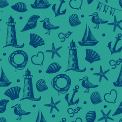 Seamless pattern hand drawn sea themed objects. Seagull,lighthou