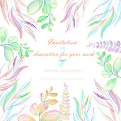 Background, template postcard with the abstract watercolor purple, pink and yellow branches, hand drawn on a white background, background for your card and work