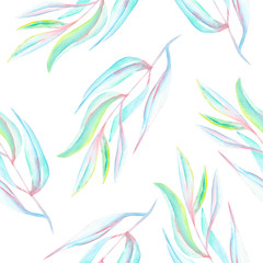 Obraz premium Seamless floral pattern with the abstract watercolor blue branches, hand drawn on a white background