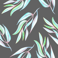 Seamless floral pattern with the abstract watercolor blue branches, hand drawn on a grey background