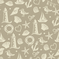Seamless pattern hand drawn sea themed objects. Seagull,lighthou