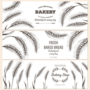 Banner set. Vector illustration in sketch style. Hand drawn bread horizontal banners.