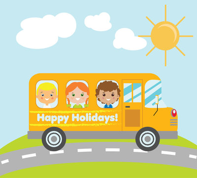 Kids travelling in yellow school bus. Summer holidays children theme vector illustration
