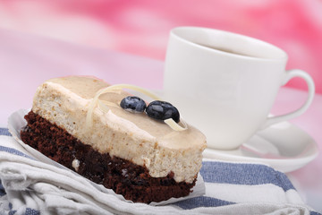 chocolate cake with blueberry and tea