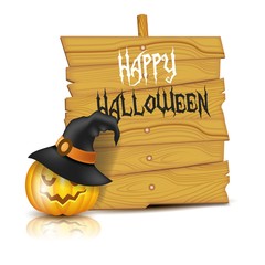 Realistic halloween signboard with pumpkins and hat