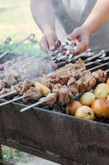 Man cooking marinated shashlik or shish kebab, chiken meat grilling on metal skewer, close up. Selective focus