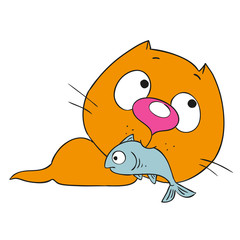 Cute kitten cartoon character. Cat and fish.