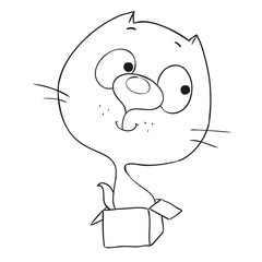 Cute cartoon character cat. Kitten sitting in a box. Vector coloring book