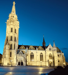 Illuminated Matthias church  in Budapest, Hungary