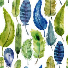 pattern of green watercolor feathers - 113263867