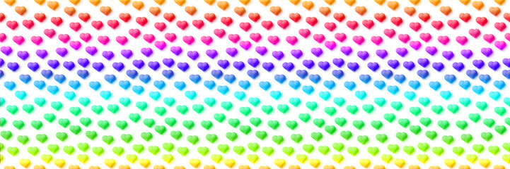 seamless banner of small hearts in horizontal stripes of vibrant rainbow colours on a white background (format 3x1, 3d illustration) 