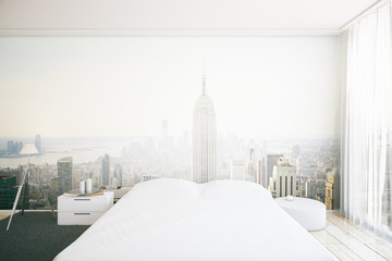 Bedroom interior with NY wallpaper