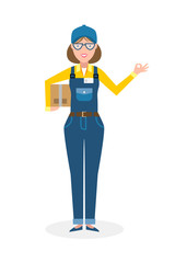 Delivery woman with parcel and ok gesture. Fast transportation. Isolated cartoon character on white background. Postwoman, courier with package and ok.