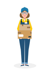 Delivery woman with parcel. Fast transportation. Isolated cartoon character on white background. Postwoman, courier with package. Concept of online shopping and moving.