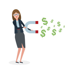 Businesswoman with magnet on white background. Businesswoman holding magnet. Magnetize money, wealth, finance. Earn money.