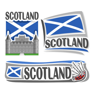 Vector logo for Scotland, 3 isolated illustrations: Inveraray Castle in Argyll on background of national state flag, symbol of Scotland and scottish flag beside bagpipes stewart tartan close-up