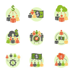 People Working Together to Fund Different Online Ideas with Money Icon Set