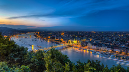 Fototapeta na wymiar Night view of Budapest,Hungary with Elisabeth brudge over Danube river from fortress Citadel