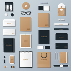 Corporate identity template set. Business stationery mock-up with logo. Branding design. Notebook, card, catalog, pen, pencil, badge, tablet pc, mobile phone, letterhead.