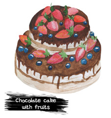 Watercolor chocolate cake with summer berries