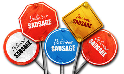 Delicious sausage sign, 3D rendering, rough street sign collecti