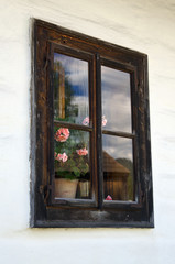 Old wooden window with flower