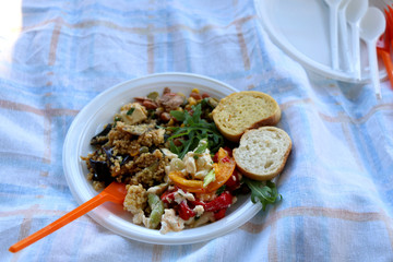 Various picnic food on a plastic plate: vegetables, cheese, beans, millet and bread. Selective focus.
