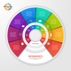 Vector circle infographic template for graphs, charts, diagrams. Pie chart concept with 8 options, parts, steps, processes.