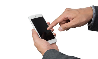Business man hand using smartphone isolated on white background with clipping path