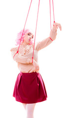 woman girl stylized like marionette puppet on string