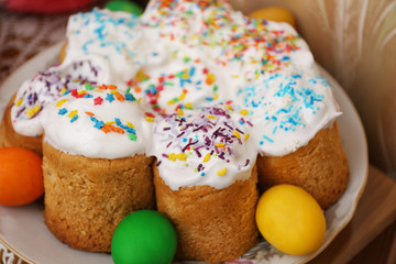 Easter decorations - eggs and cakes, close up