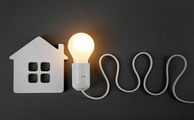 Electric bulb and house on grey background