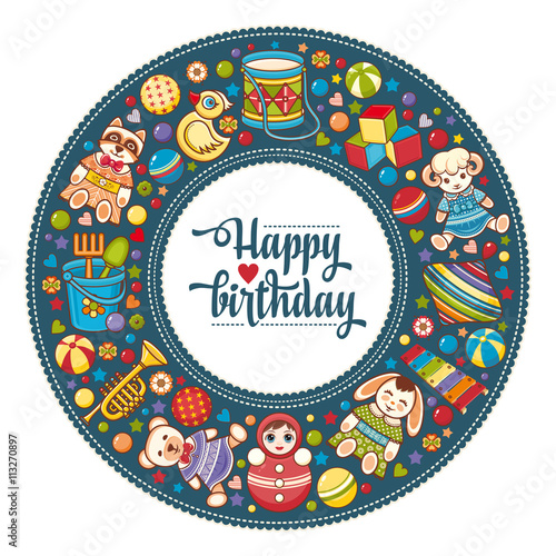 Download "Children's colorful round frame. Baby background. Happy birthday greeting card. Digital vector ...