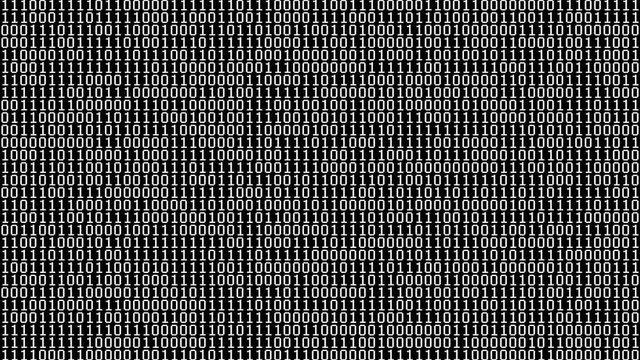 Binary Digits Screensaver (24fps). Full screen saver black and white graphic loop of random binary data cycling on and off 1s and 0s.