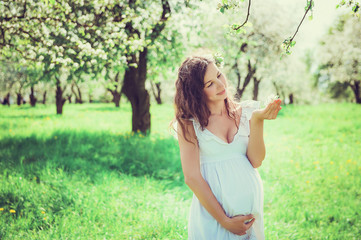 Obraz premium Pregnant woman in the apple orchard