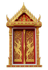 Fototapeta na wymiar golden angle sculpture on Thai temple window over white backgrou