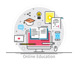 Thin line flat design concept of online education