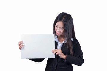 Asian woman holding a blank sign.