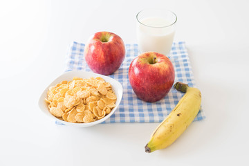 milk, apple, banana and cornflakes