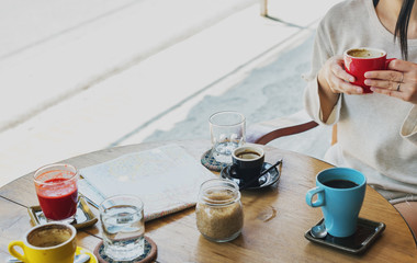 Woman Sitting Coffee Shop Drinking Coffee Concept