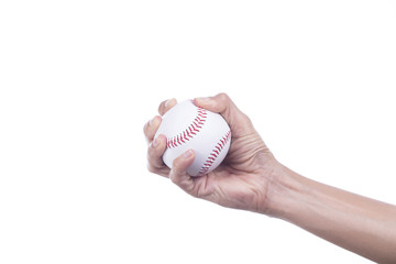Close-up of player's hand holding baseball on white background