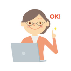 シニア　女性　パソコン　イラスト