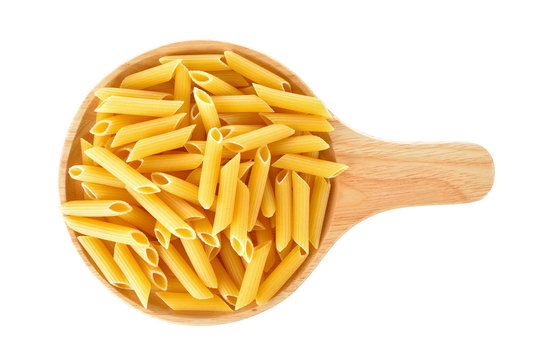 Pene Lisce pasta in wooden plate on white background