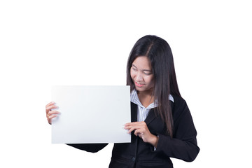 Naklejka premium Asian woman holding a blank sign.
