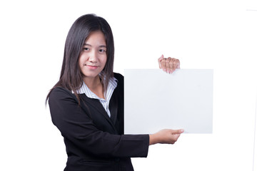 Asian woman holding a blank sign.