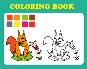 Vector illustration, cute a squirrel with a nut, card concept, white background.