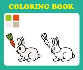 Vector illustration, cute bunny with carrot, card concept, white background.